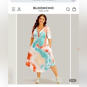 Tie Dye and Striped Button Detail Pocket Arc Hem Dress